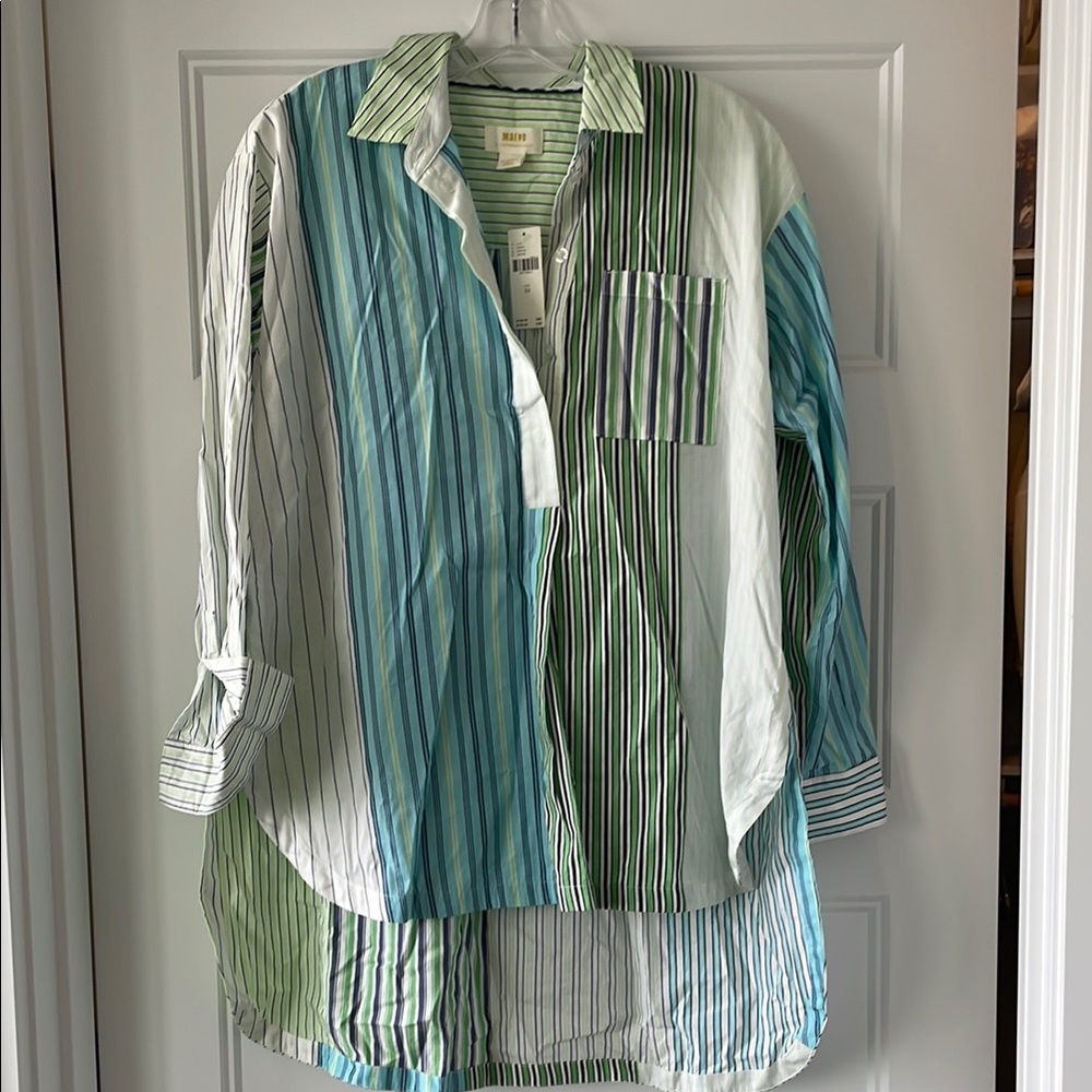 Anthropologie Blue and Green Striped Hi-low Tunic Shirt